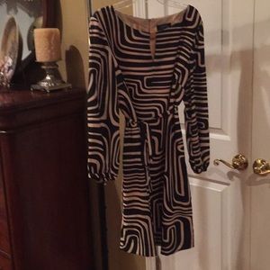 Tan and black long sleeve dress with tie belt